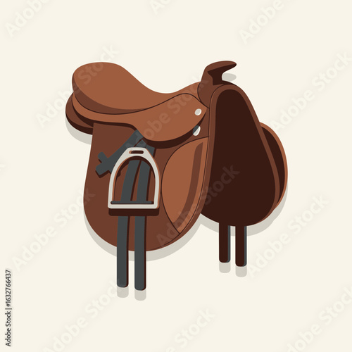 Brown leather horse saddle with stirrups on a light background.