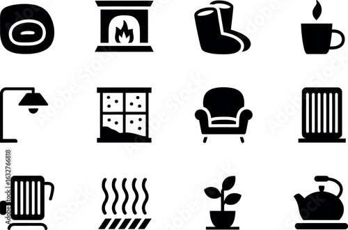 Cozy Home Winter Icons: Black Vector Illustration Set