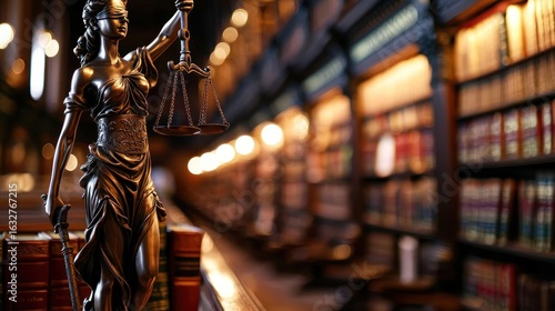 Wallpaper Mural Lady Justice statue stands in front of a blurred background of bookshelves in a library. Torontodigital.ca