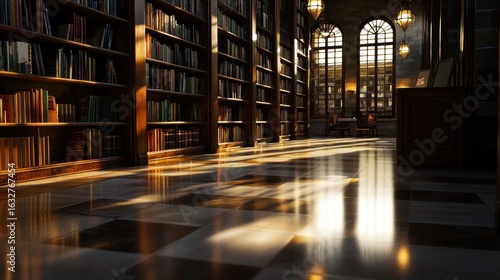 Wallpaper Mural Interior view of a library with tall bookshelves filled with books, light streaming through arched windows onto a checkered floor. Torontodigital.ca