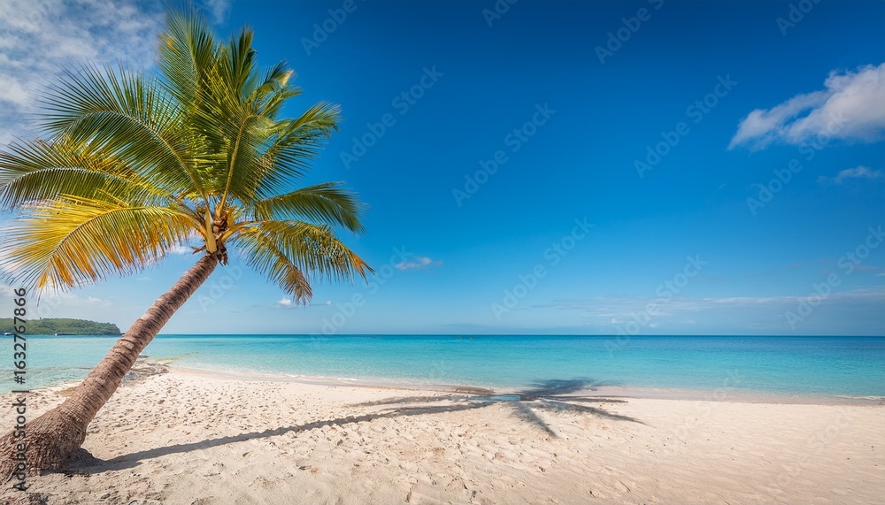 Fototapeta premium tranquil tropical beach scape a serene beach with a single palm tree on a sunny day embodying peace and natural beauty