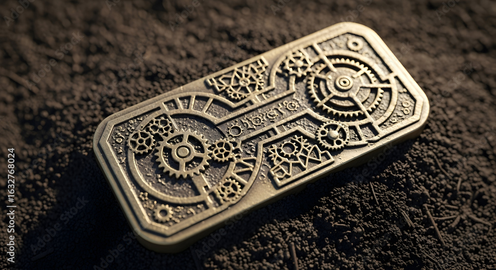 Fototapeta premium Metallic Gearwork Emblem Resting on Dark Earth with Ornate Details