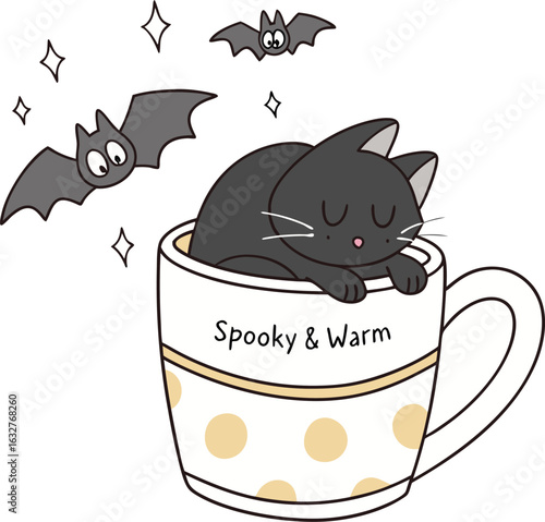 Funny vector cartoon illustration of a cute kitten drinking milk from a cup