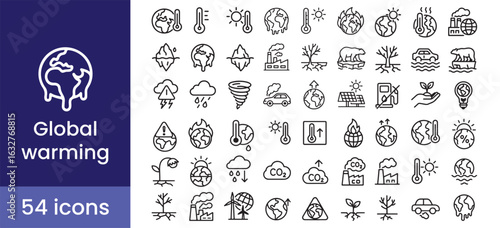 Global warming and climate change icon set showing earth pollution, environmental disaster, ecology, and planet weather symbols.


