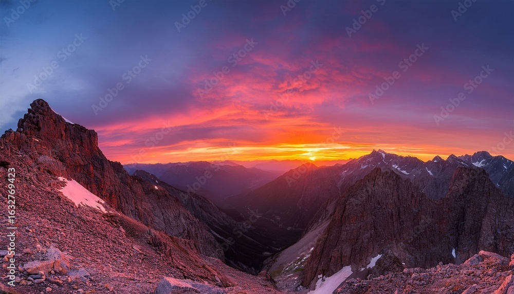 Naklejka premium a serene sunrise over jagged mountains casting vibrant hues of orange pink and purple across the sky