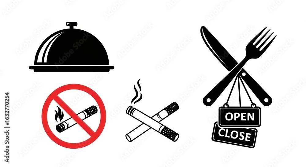 Obraz premium Restaurant and smoking icons isolated on white background, including food service, no smoking, and openclose signs for business hours