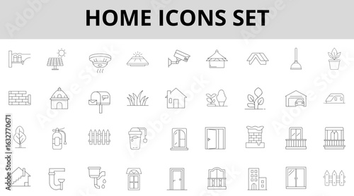 Icon set  home, architecture, and utility-themed symbols. Includes buildings, doors, windows, roofs, balconies, fences, garden elements, safety devices, and infrastructure components