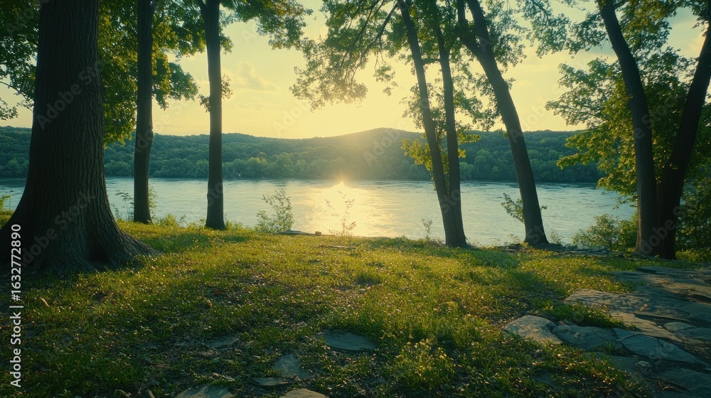 Obraz premium Tranquil riverside scene at sunset.