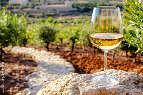  Israeli vineyard wine tasting with glass on stone in sunny winery landscape