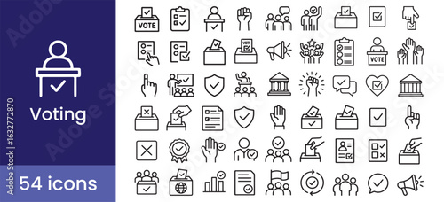 Voting and election icon set for politics and democracy, showing vote, ballot, campaign, government, and choice symbols.

