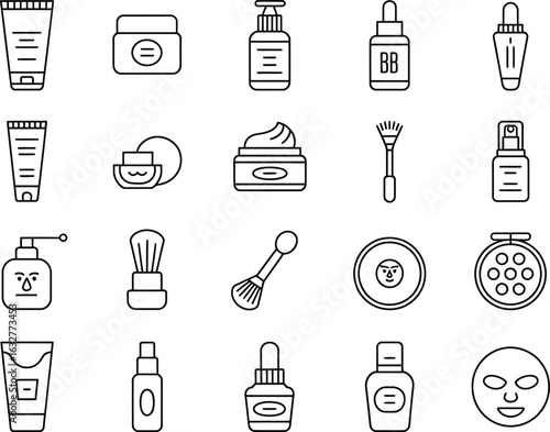 Collection of Essential Beauty and Skincare Products Outline Icons for Cosmetic and Wellness Industry Illustrations