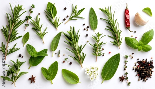 Fresh herbs and spices arranged on white background