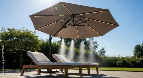 Wallpaper Mural Luxury outdoor lounge with misting umbrella and chaise lounges Torontodigital.ca