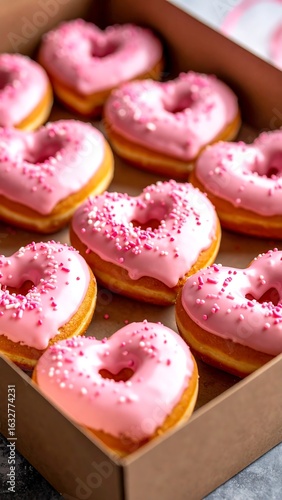 Heart-shaped pink iced donuts in a cardboard box