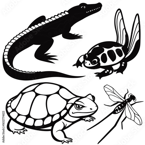 Illustration of a crocodile, two turtles and a mosquito in black and white cartoon style drawing art