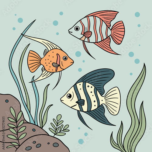 Illustration of three angelfish swimming in a tank with seaweed and rocks on a light blue background