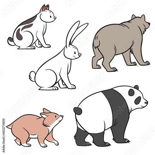 Illustration of a collection of animals including a cat, rabbit, hamster, bear, and panda in a cartoon style