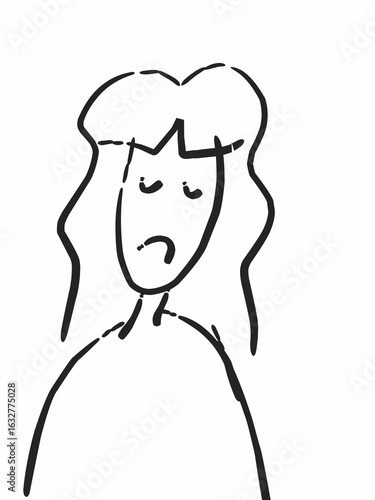 A simple hand-drawn sketch of a person with a sad expression. Minimalist line art illustration conveying melancholy and despair.