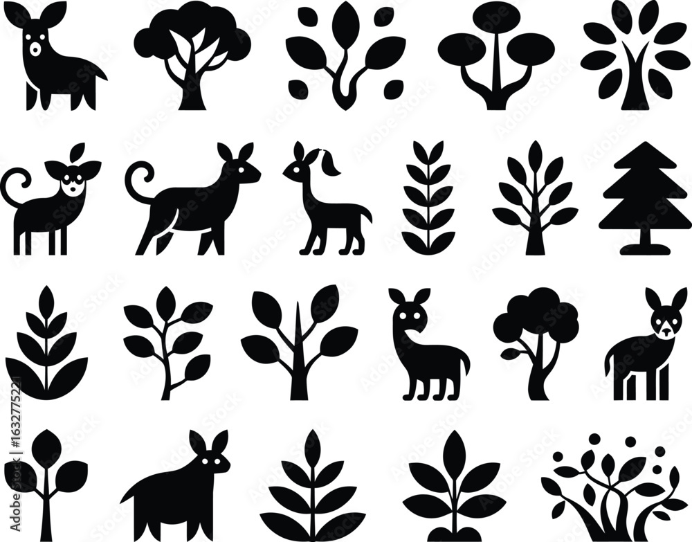 Obraz premium Collection of Black Forest Wildlife Silhouettes and Tree Icons Vector Illustration Set Eco Friendly Environment and Nature Design Elements