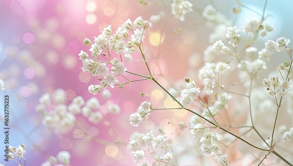 Fototapeta premium Delicate white flowers on a pastel bokeh background