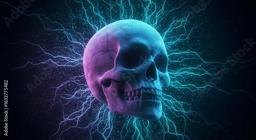 Skull with Electric Sparkles Dramatic Dark Background
