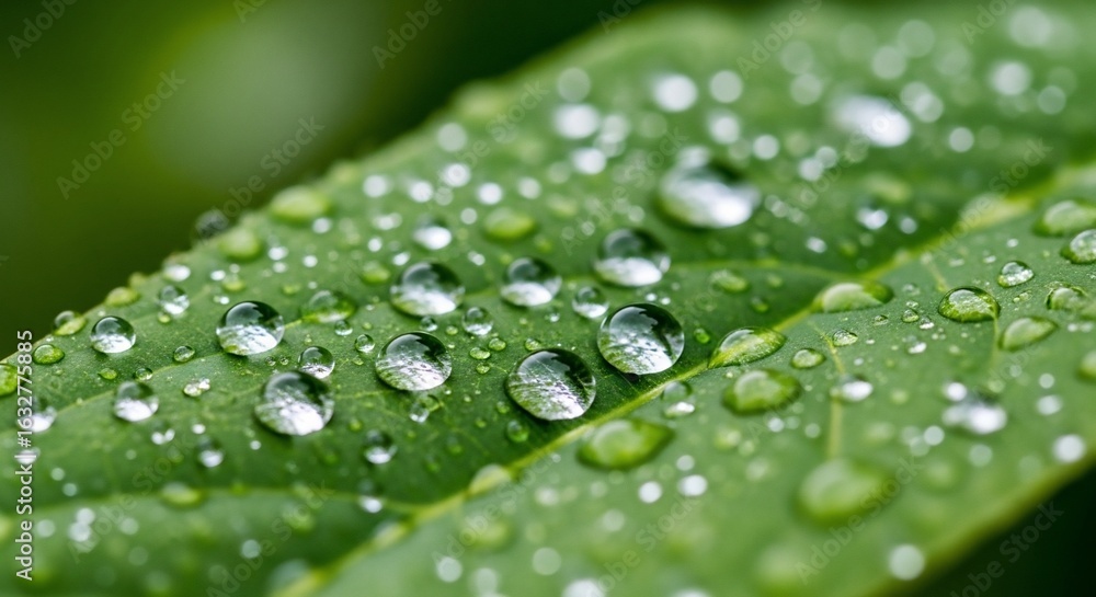 Macro shot of fresh green leaf with numerous clear water droplets after rain Macro shot of fresh green leaf with numerous clear water droplets after rain