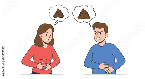 Couple having awkward conversation with poop emoji thought bubbles - embarrassing bathroom talk illustration