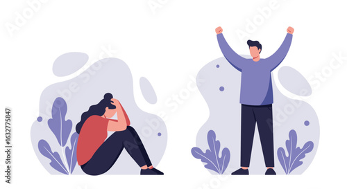 Mental health contrast - depressed woman sitting alone versus happy man celebrating success with raised arms