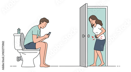 Man sitting on toilet using smartphone while woman waits outside bathroom door - modern bathroom habits and digital addiction illustration