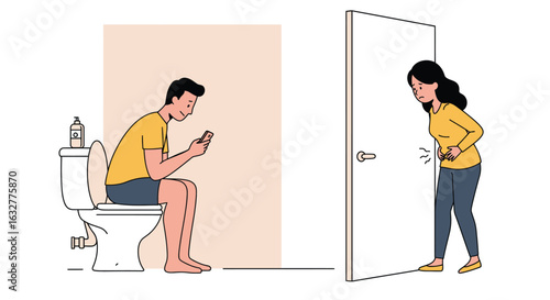 Man sitting on toilet using smartphone while woman waits outside bathroom door - modern bathroom habits and digital addiction illustration