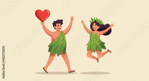 Adam and Eve with Heart – Joyful Cartoon Illustration