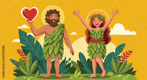 Adam and Eve with Heart – Joyful Cartoon Illustration
