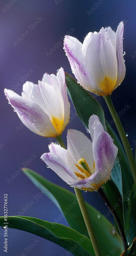 Naklejka premium Close-up of three delicate white tulips with hints of lavender