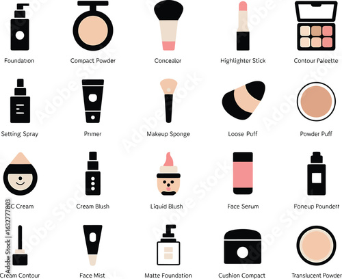 Collection of Beauty and Makeup Products for Facial Enhancement and Cosmetic Application Vector Illustration
