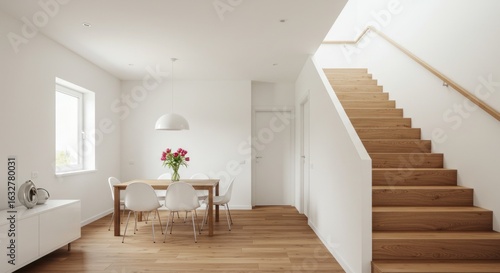 A bright, modern interior showcasing a dining area, staircase, and minimalist design with wooden flooring.