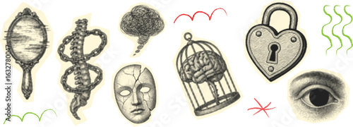 Halftone Mental  psychological tension Y2K Grunge Design: Retro Punk Collage Vector Art