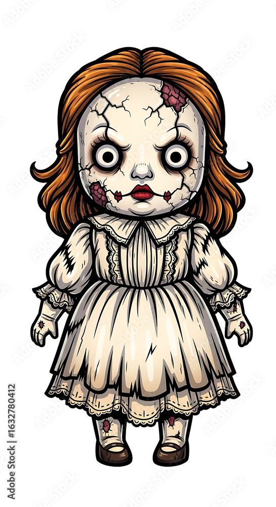 Fototapeta premium Illustration of a creepy doll with cracked skin and red hair on transparent background: classic characters for halloween