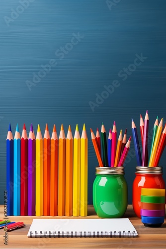 Colorful school supplies with blue background