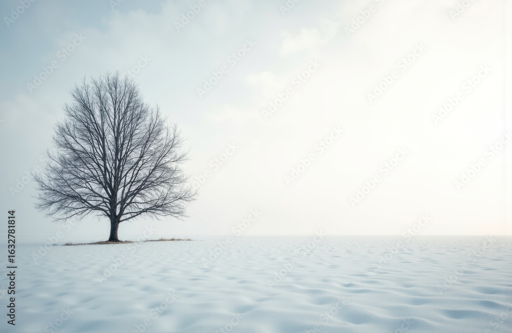 Fototapeta premium A solitary leafless tree stands in a snow-covered landscape under a cloudy sky