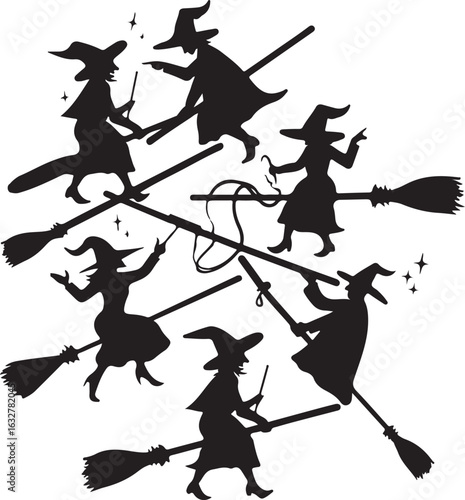 Black silhouette witches flying on broomsticks with stars and a whip vector