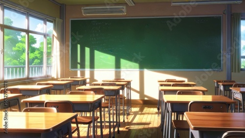 Serene Anime Japanese High School Classroom Background

