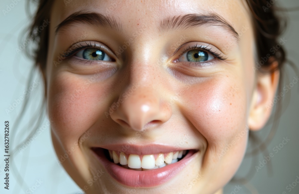 Obraz premium A smiling woman with bright blue eyes and clear skin looking directly at the camera