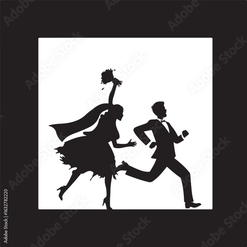 Black silhouette of a bride and groom running together holding a bouquet wedding couple