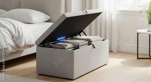 Wallpaper Mural Modern grey upholstered storage ottoman with open lid revealing neatly folded blankets and books, next to a bed. Torontodigital.ca