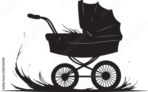 Black silhouette of a vintage baby carriage with grass accents stroller pram