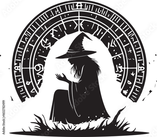 Black silhouette of a witch in a pointed hat and cloak casting a spell within a circular arcane symbol