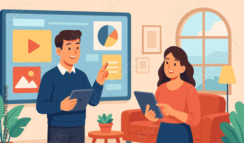 Marketing strategist arranging campaign visuals across a digital board in a lounge-style agency room.