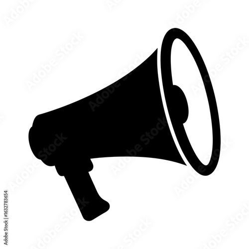 Iconic black megaphone on a white background representing communication and announcements
