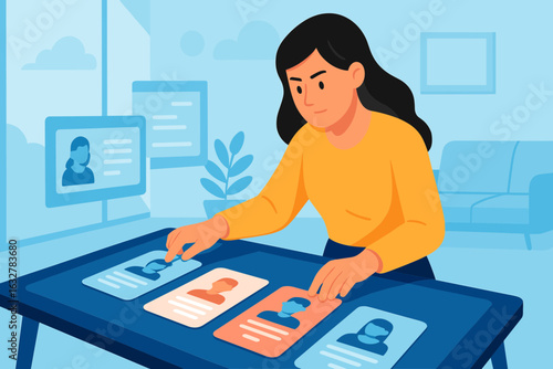 UX researcher arranging persona cards across a digital worktable with focused expression