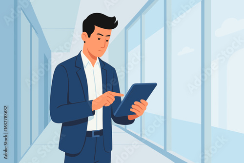 Startup founder checking funding stats while pacing in a minimalist glass corridor